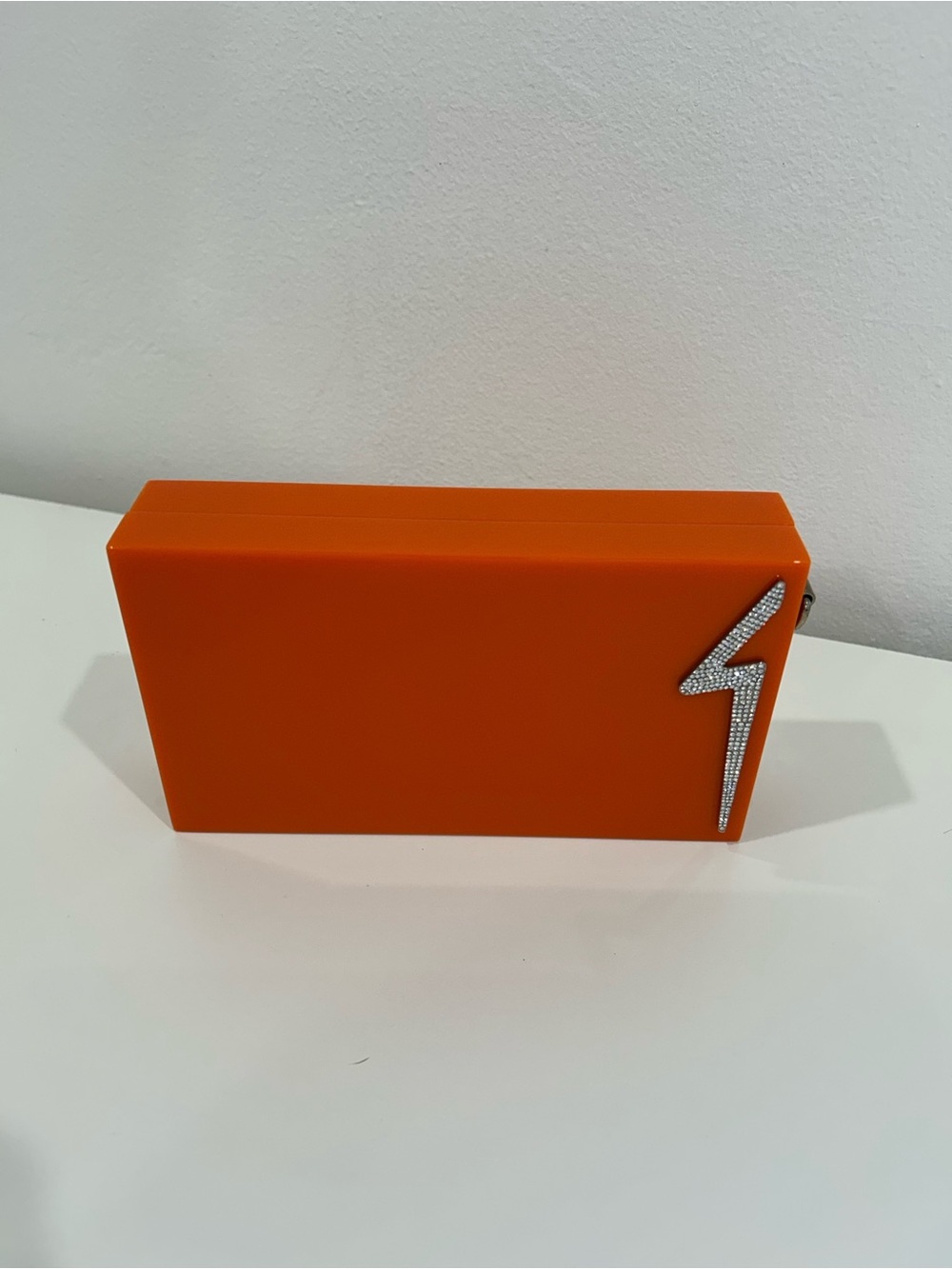 Giuseppe Zanotti Orange Acrylic Box Clutch with Crystal Lightning Bolt
